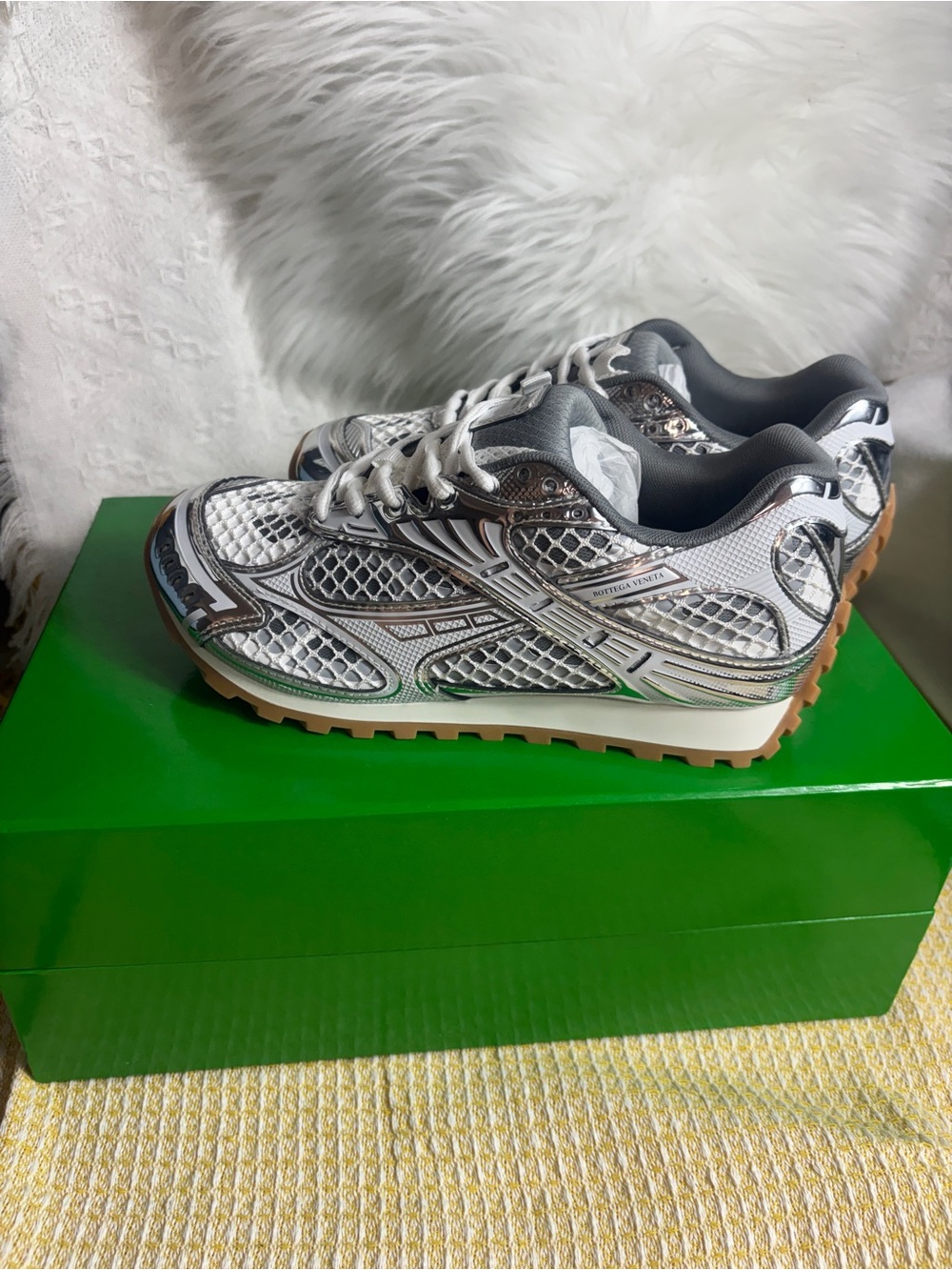 💕Bottega Veneta White and Silver Mesh Trail Sneakers